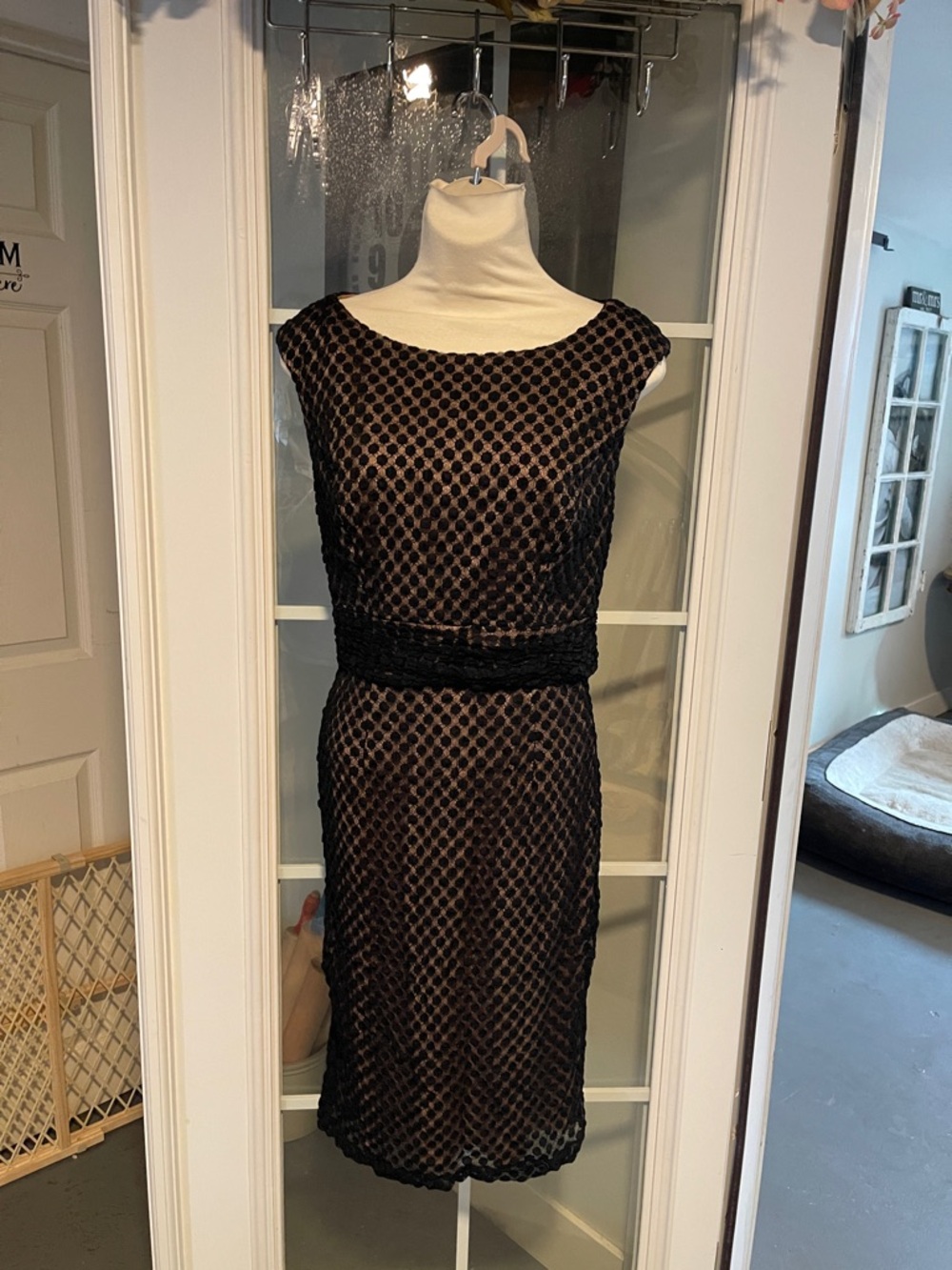 Adrianna Papell Black Sheer Polka Overlay Midi Dress